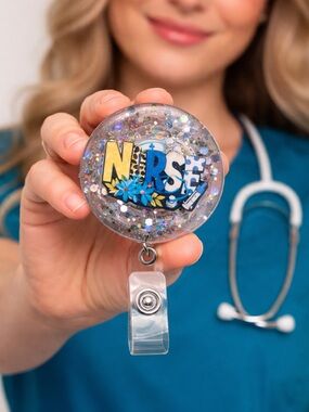 Glitter Nurse Glitter Badge Reel - Blue Accents
